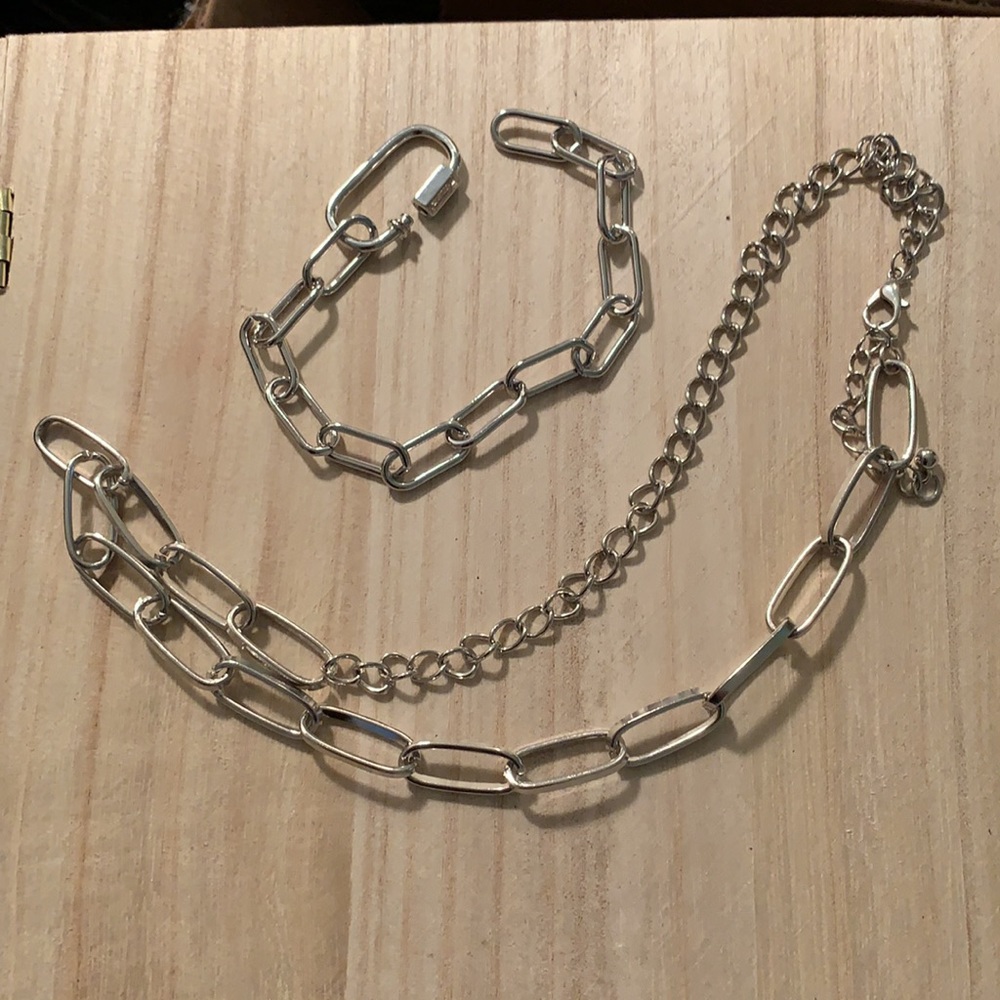 Paperclip chain silver tone necklace/bracelet set unisex
